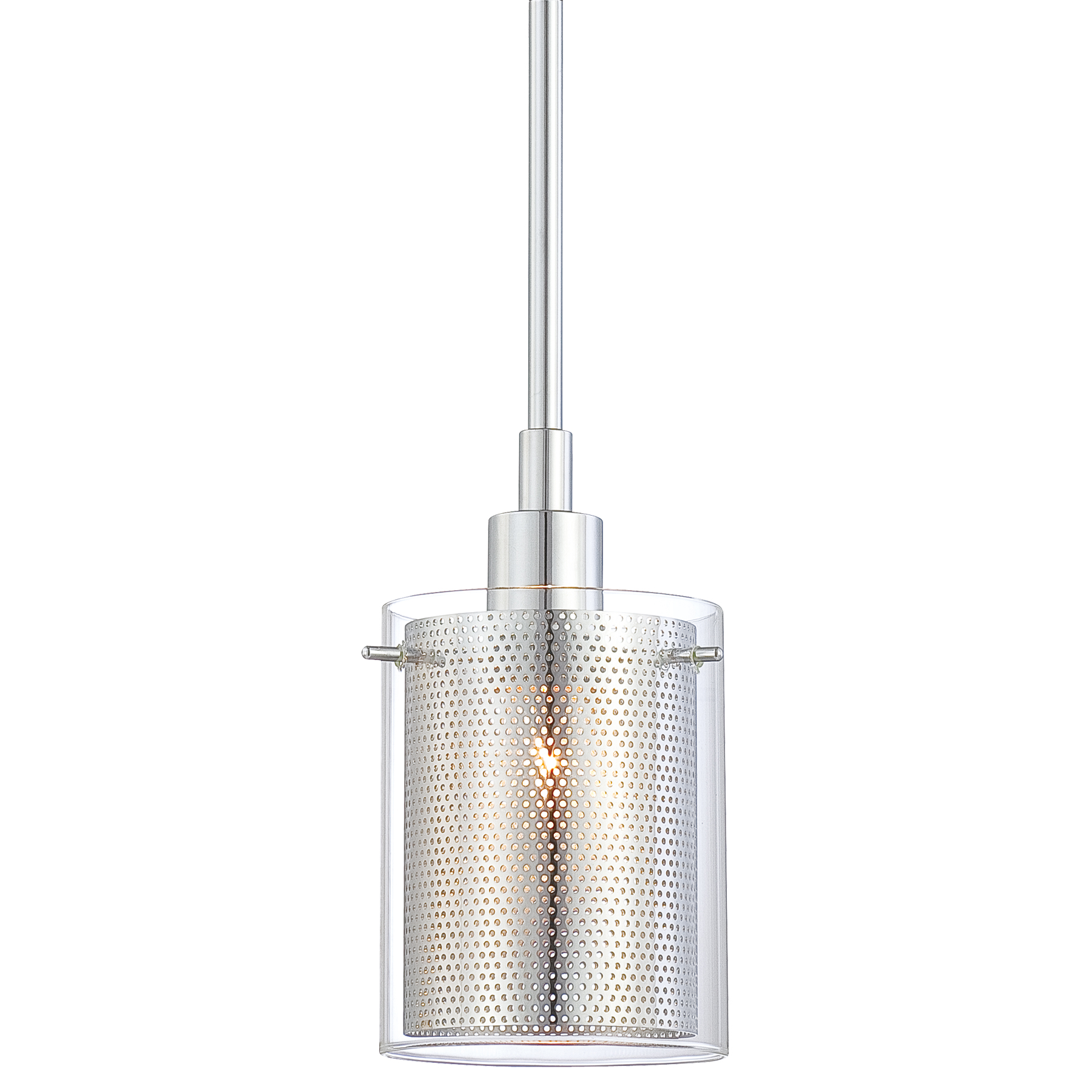 The Grid II Mini Pendant combines sleek chrome finish with an eye-catching mesh overlay on clear glass. Its compact 4.75-inch width makes it perfect for tight spaces or grouped installations over kitchen islands.